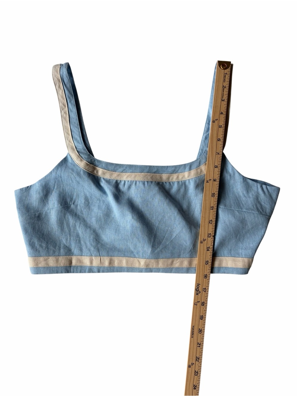 Avec Les Filles Ice Blue Linen Blend Contrast Trim Square Neck Crop Tank XL - Picture 5 of 6